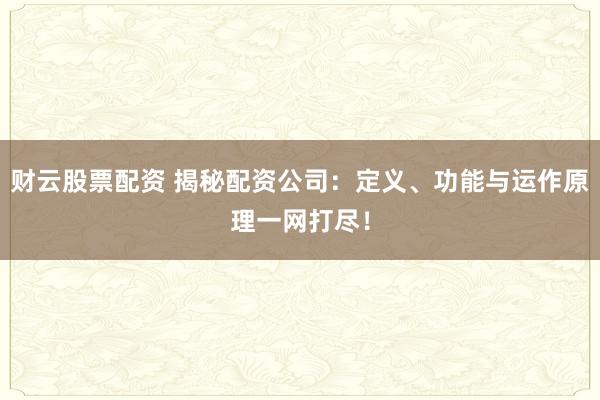 财云股票配资 揭秘配资公司：定义、功能与运作原理一网打尽！