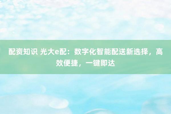 配资知识 光大e配：数字化智能配送新选择，高效便捷，一键即达